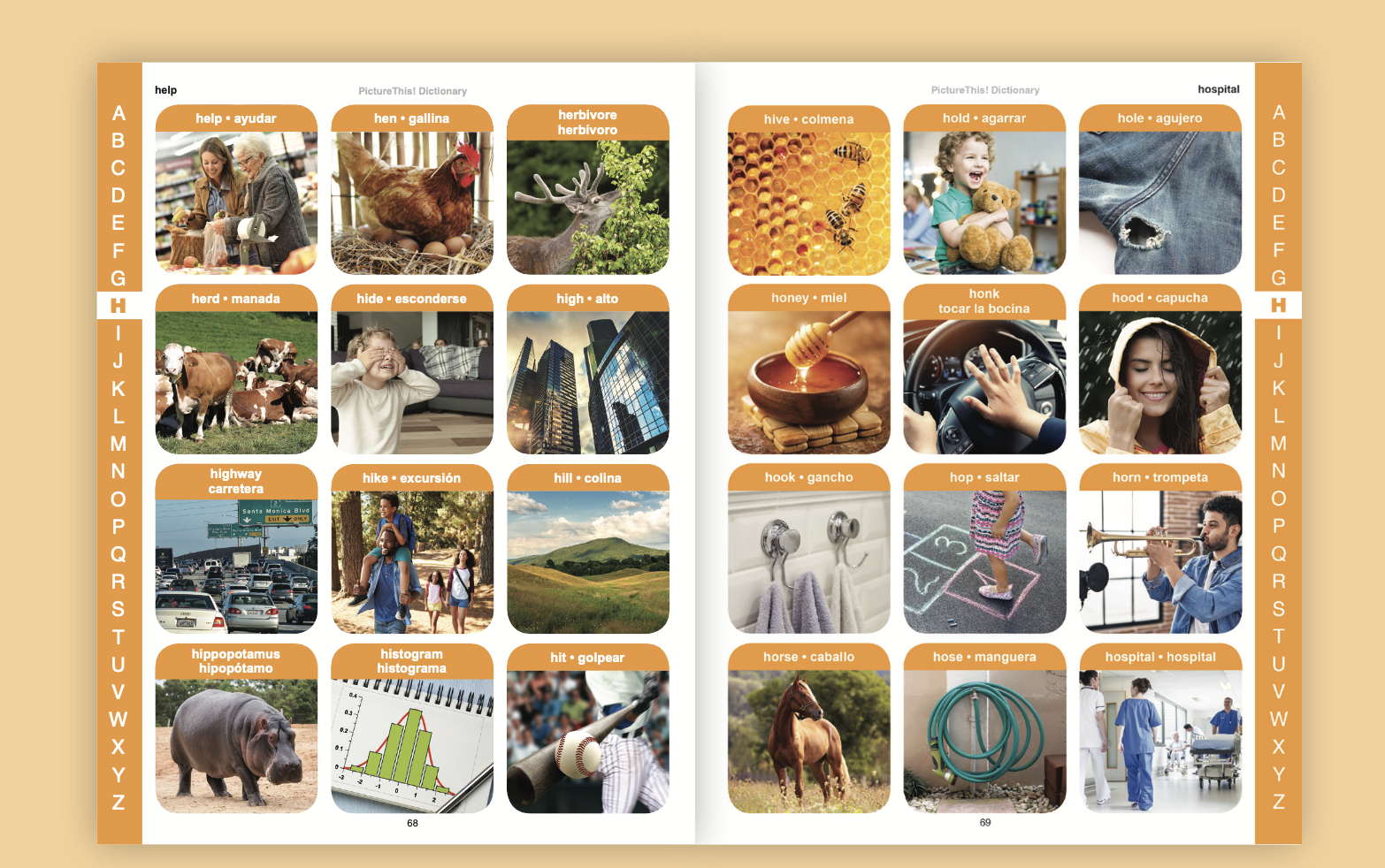 Inside spread of the PictureThis! Dictionary showing bilingual word entries with photographs